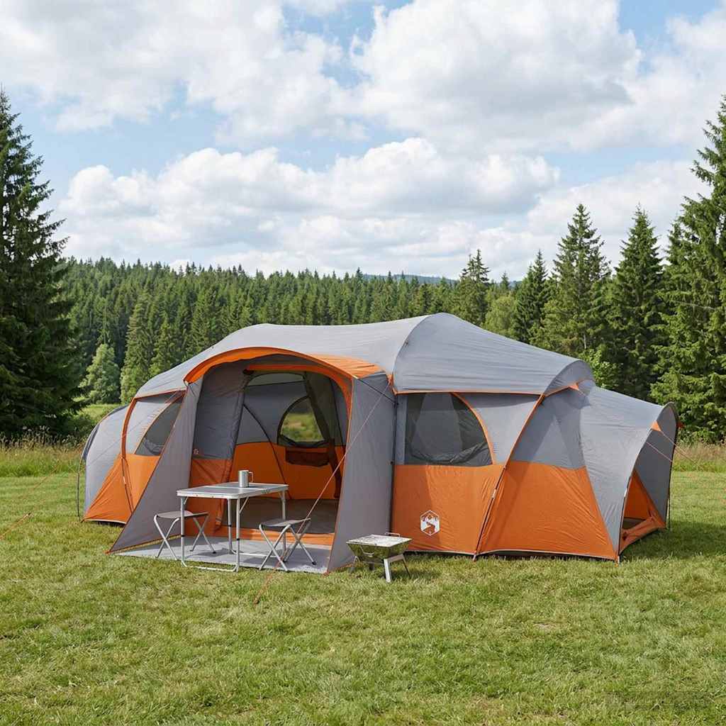 Family Tunnel Tent with Rain Fly Waterproof Gray and Orange