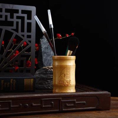 1pcs Natural bamboo and wood pen holder, multifunctional retro circular pen holder, Chinese style office decoration storage box