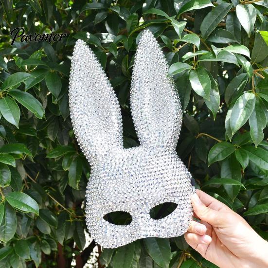 Nightclub Dance Mask Disco Mirror Rhinestone Rabbit Mask, Sparkly Glitter Bunny Face for Halloween Party, Shiny Reflective Ear Festive Cosplay