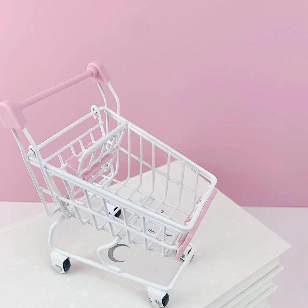 Girlish Pink Mini Supermarket Cart for Makeup Puff Storage & Photo Prop