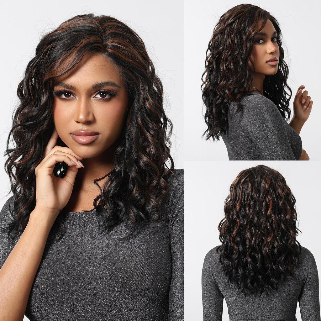 ALAN EATON Medium Length Lace Synthetic Wigs Wavy Red Brown Highlight Wig for Black White Women Natural High Density 18inch