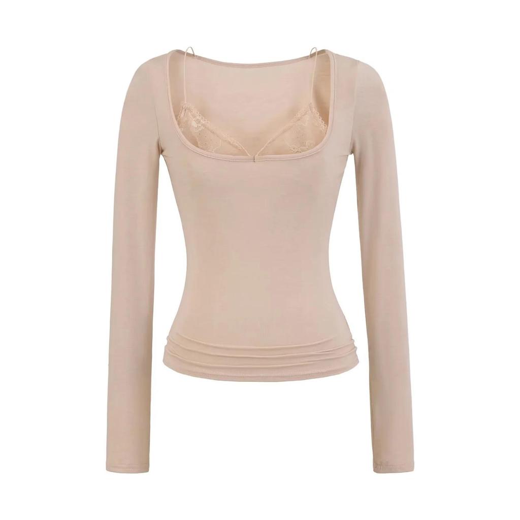 Women's Patchwork Lace Trim Slim Fit Long Sleeve T-Shirt for Spring/Autumn - Spicy Girl U-Neck Two-Piece Style