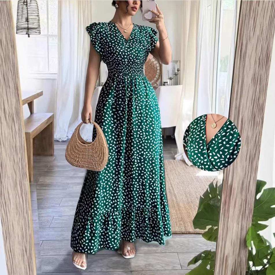 Women's Spring and Summer New V-neck Waist Long Skirt Ruffled Elegant Dress for Women