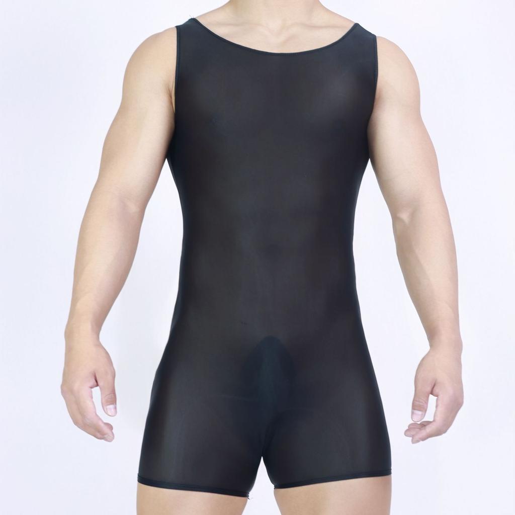 Thin Oil Shiny Sleeveless Playsuit High Elastic Shaping Tights Sheer Gay U Convex Pouch Sheath Bodysuit Tops Man Leotard