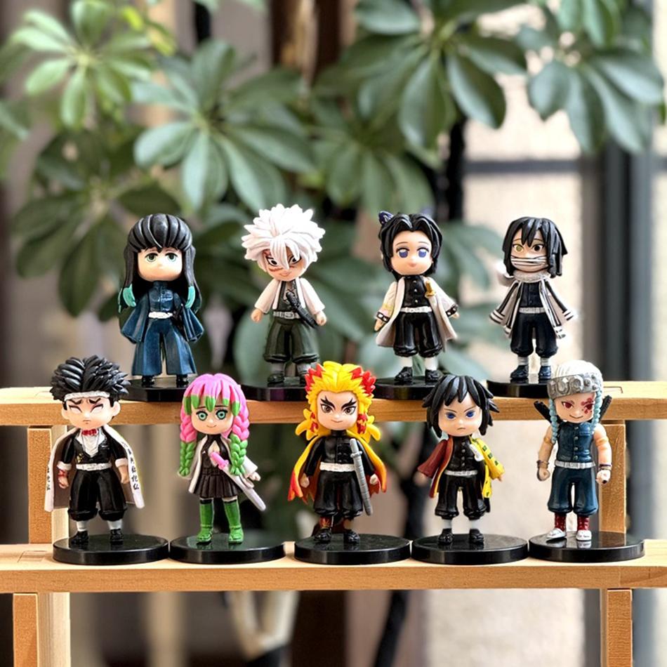 9pcs Set Q Version Demon Slayer Standing Ghost Doll Tanjiro Nidouzi Inosuke Zenizu Figure Action Figure Movie Model kid Toy Gift