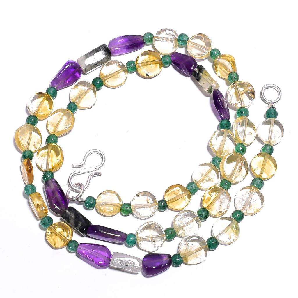Natürlicher Citrin Amethyst Aventurin Edelstein Glatte Perlen Halskette 17" UB-4475 UB-4475