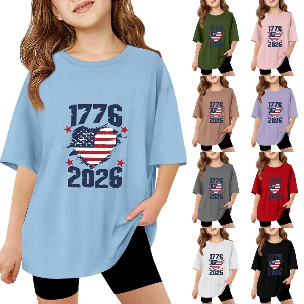Kids Short Sleeve T Shirt Independence Day Print Top 1776 2026 Casual Fit Comfortable Cotton Blend Tee for Boys Girls