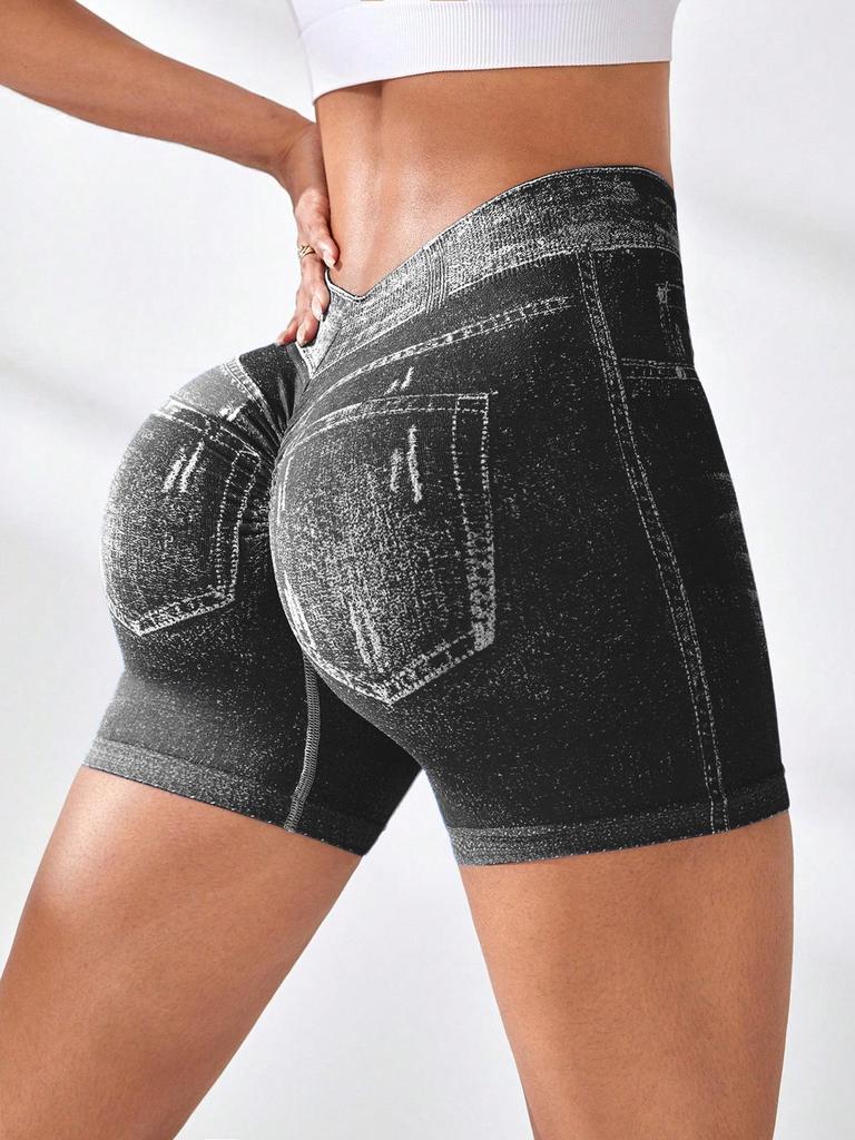 High-Waisted Butt-Lifting Faux Denim Yoga Shorts for Women - Tight, Quick-Dry, Summer Fitness Wear