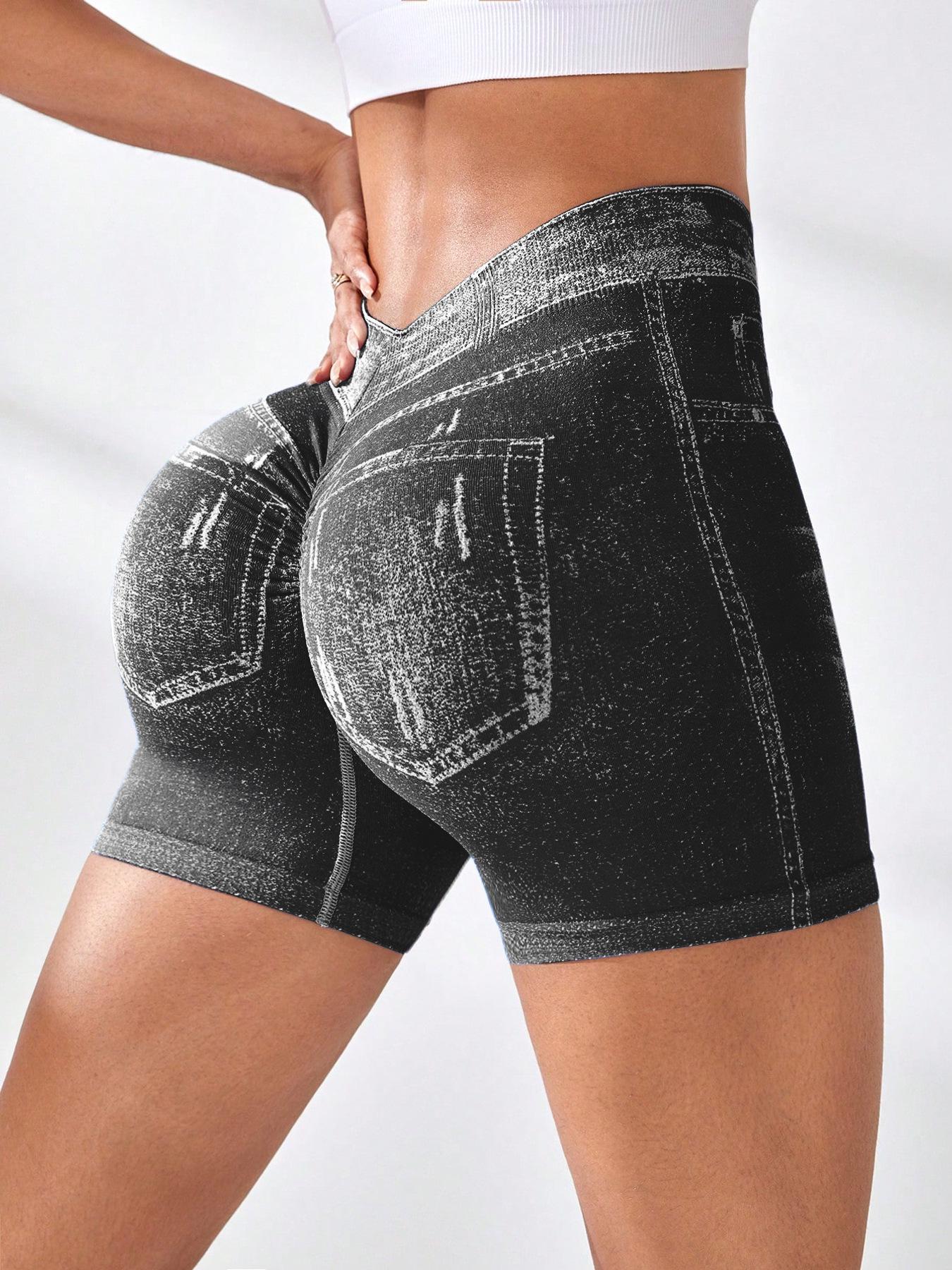 High-Waisted Butt-Lifting Faux Denim Yoga Shorts for Women - Tight, Quick-Dry, Summer Fitness Wear Large