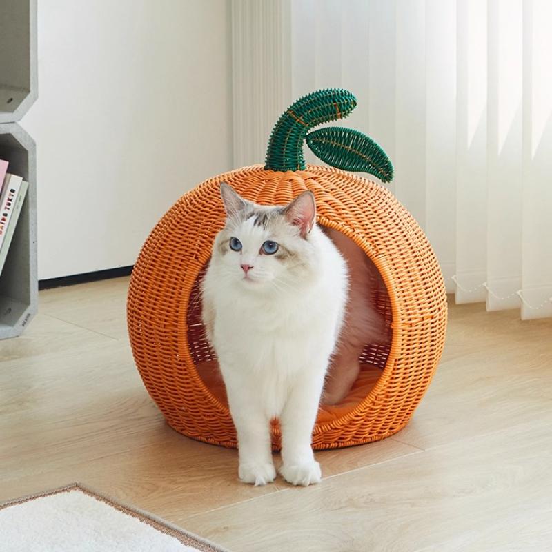 Creative Woven Cat Bed Rattan Cooling Nest with Removable Cushion All-Season Pet House for Kittens Breathable Cats Nest