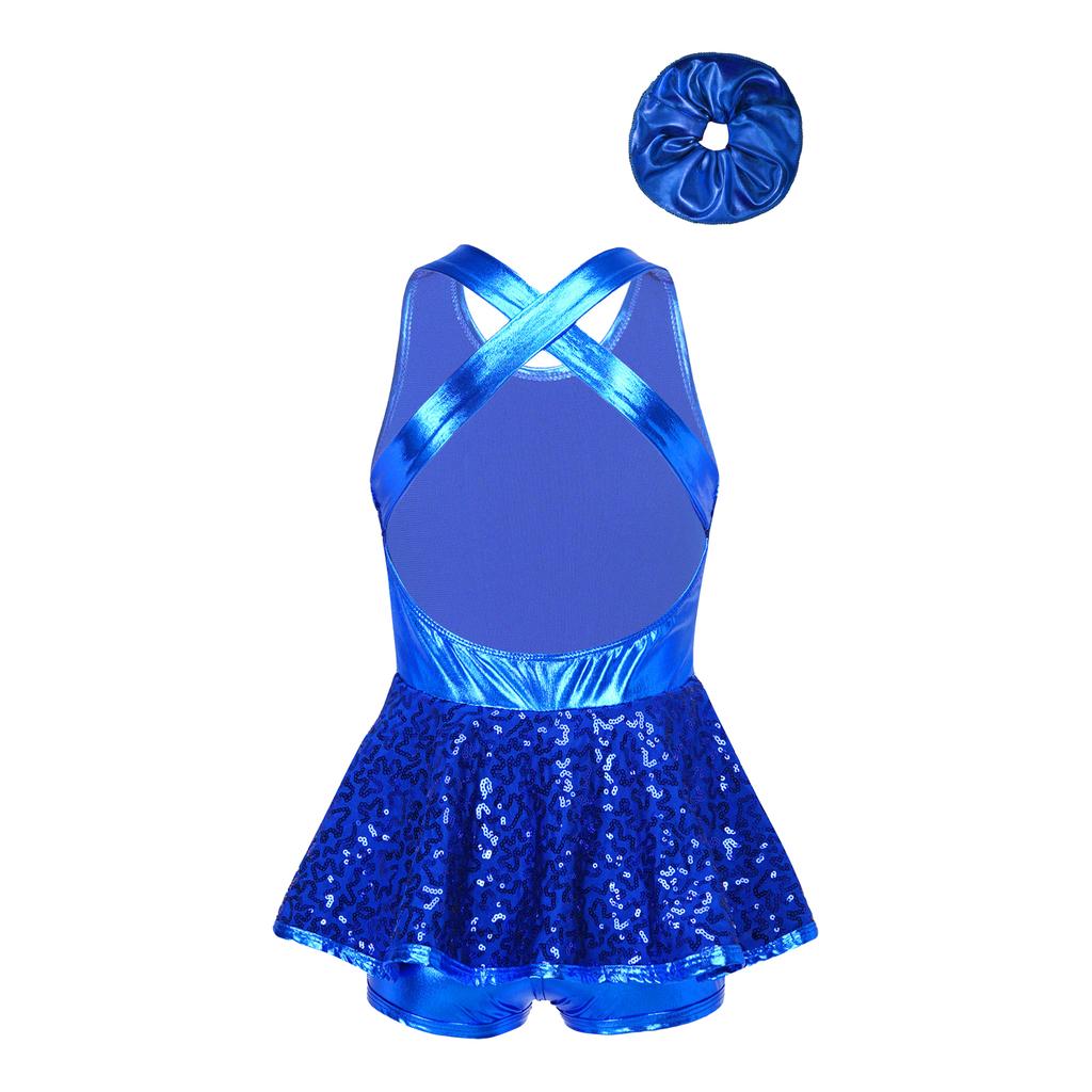 Flickors Jazzdansdräkt Ärmlös Paljettprydd Dräkt Korslagd Rygg Midja Rosett Design Inkluderar Håraccessoar