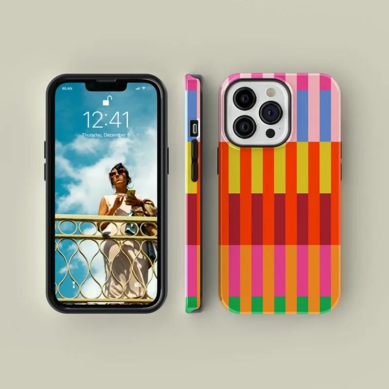 Colourful Stripes Phone Case for iPhone 16 15 14 13 12 11 Pro Max Plus Luxury Magnetic Double-layer Back Cover