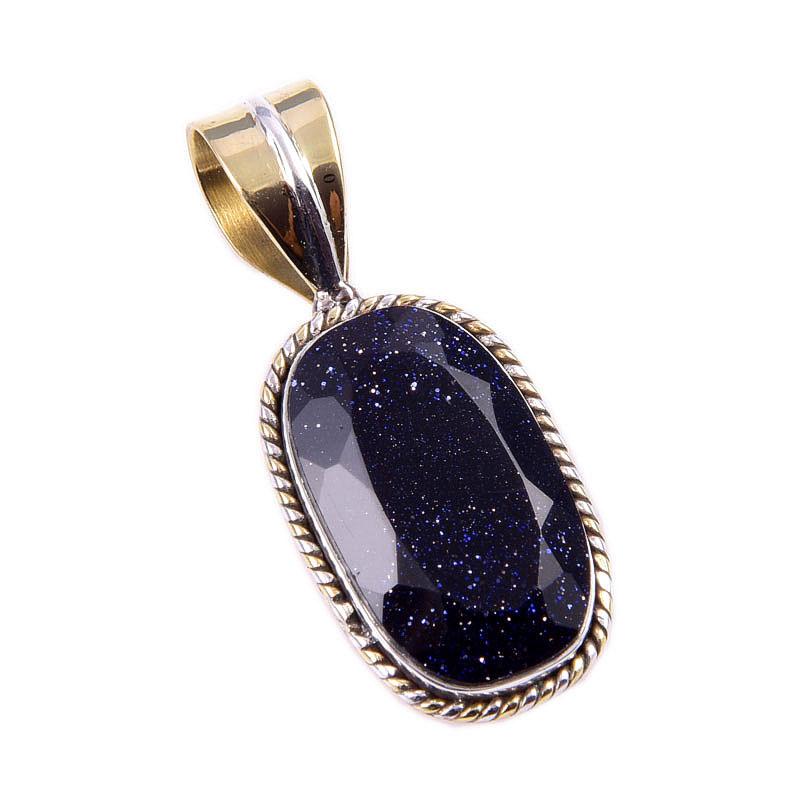 Natural Blue Sunstone 925 Solid Sterling Silver Gift TwoTone Pendant 1.25" V6r45