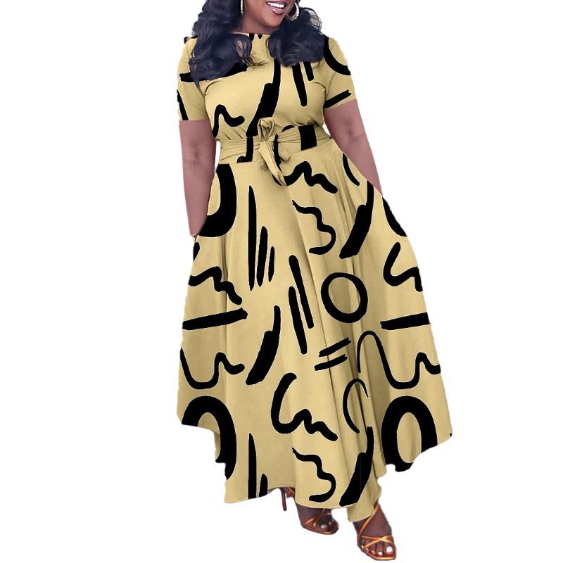 Women Fashion Plus Size Short Sleeve Lace Up Mid Length A Line Dress