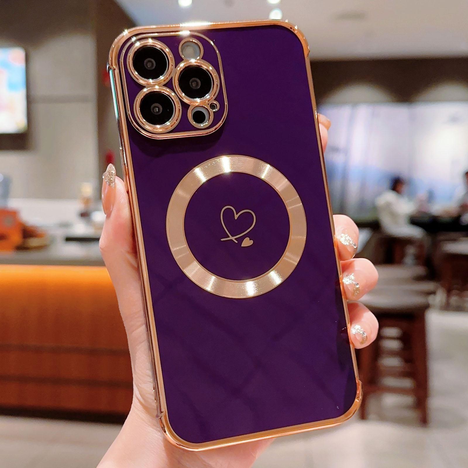 

For iPhone 14 Pro Max Case Compatible with MagSafe Electroplated TPU Phone Cover Hollow Love Hearts Dark Purple