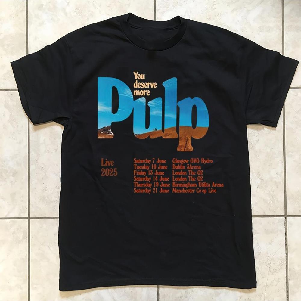 Oficiální tričko Pulp 2025 - Retro 90. léta Britské Popové Grafické Tričko s Texty Písní a Názvy Albumů Pulp Com
