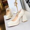 Thick Heel, Square Heel, High Heel, Waterproof Platform, Square Toe, Shallow Mouth, Belt Buckle, Straight Strap, Single Shoe for Women