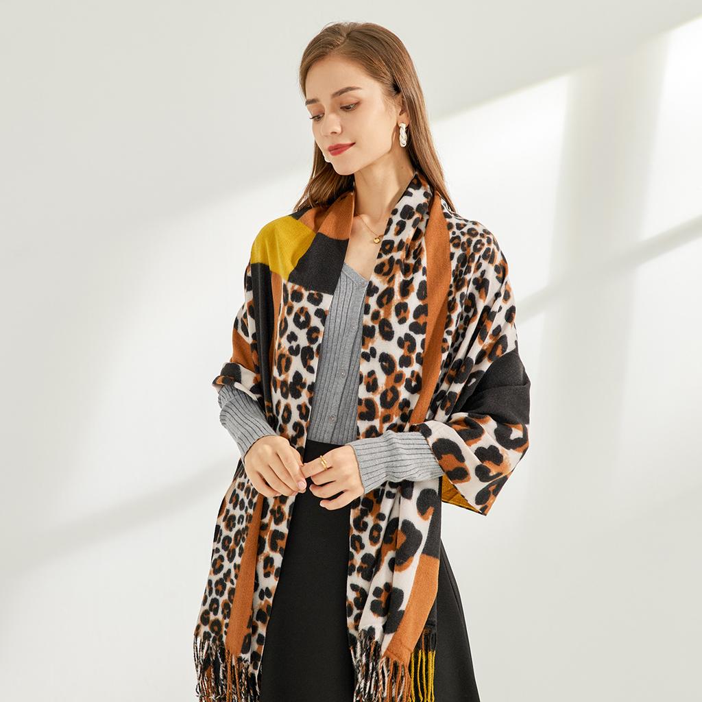 2024 Autumn And Winter New Mid To Long Soft Imitation Cashmere Versatile Leopard Print Patchwork Scarf Shawl For Women