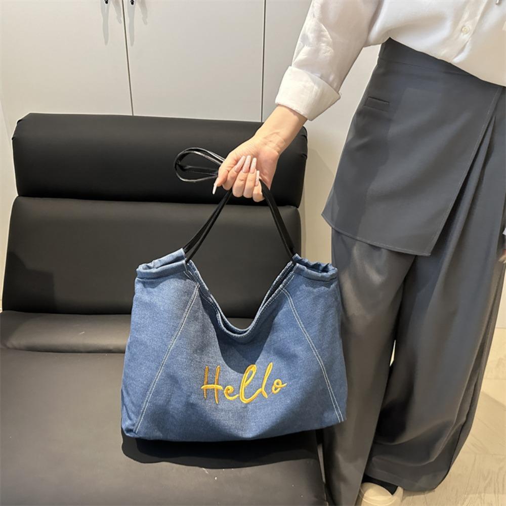 Korean Style Denim Blue Tote Bag Portable Large Capacity Underarm Bag  Travel