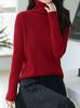 Women's 100% Wool High Neck Vertical Ribbed Knit Sweater - Fine Silk Lustre, Versatile Loose Fit