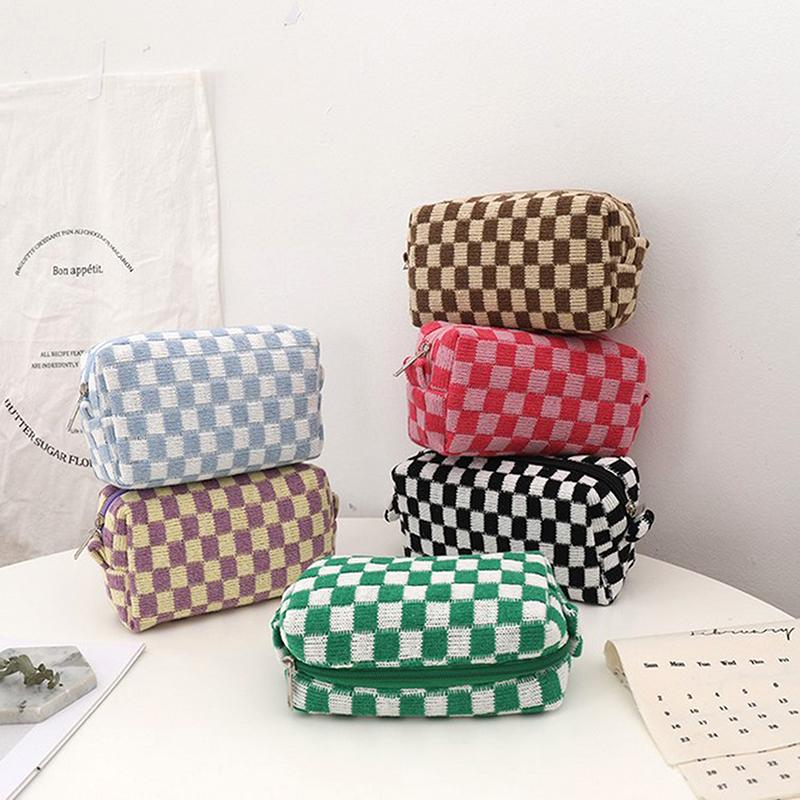 Ins Checkerboard Knitted Pencil Case Big Capacity Pen Bag Zipper Stationary