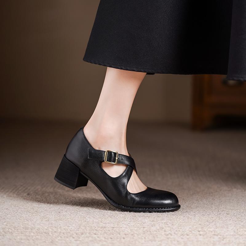 Fashion Fashion Round Toe High Heels 2025 Spring Summer Pumps Genuine Leather Buckles Mary Jane Party Wedding Shoes Woman Women Heels