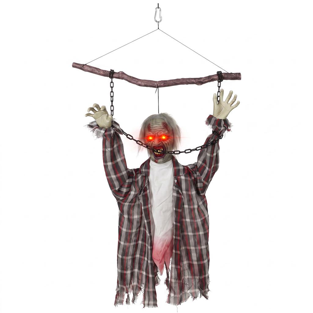 110 Cm Animated Hanging Halloween Decoration, Screaming Zombie, Sound & Touch Activation, Red LED Eyes