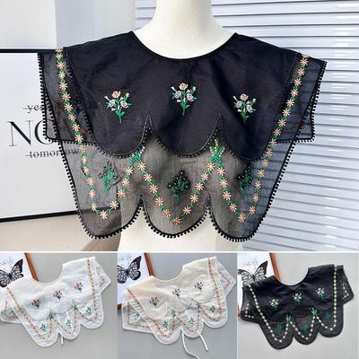 Wave Edge False Collar Embroidered Collar Lace Up Neckline Detachable Fake Collar DIY Floral Embroidery Doll Lapel Shawl