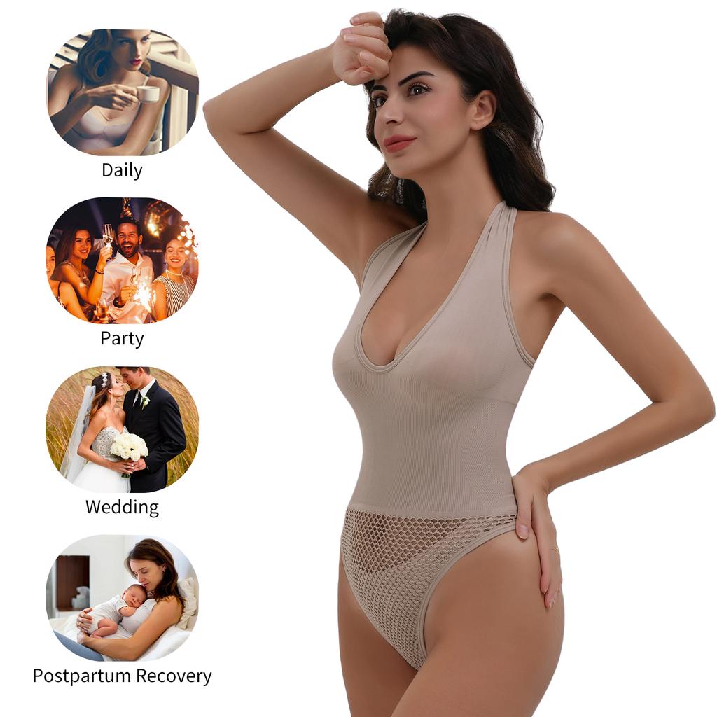 Shapewear Bodysuits for Women Sexy Sleeveless Halter Tops Summer V Neck Leotard Going Out Backless Bodycon One Piece Body Shaper