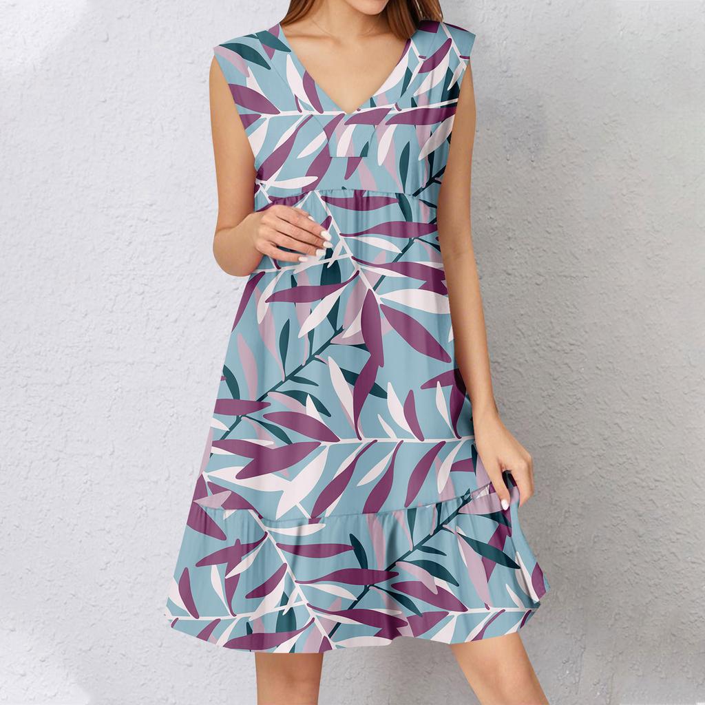 Womens Summer Dress Sleeveless V Neck Printing Short Dresses Fashion Casual Flowy Boho Ruffle A Line Swing Sundress