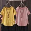 Kortmouwig T-shirt Dames Zomer Linnen Retro Stijl Mode Grote Maat Los Dames Top