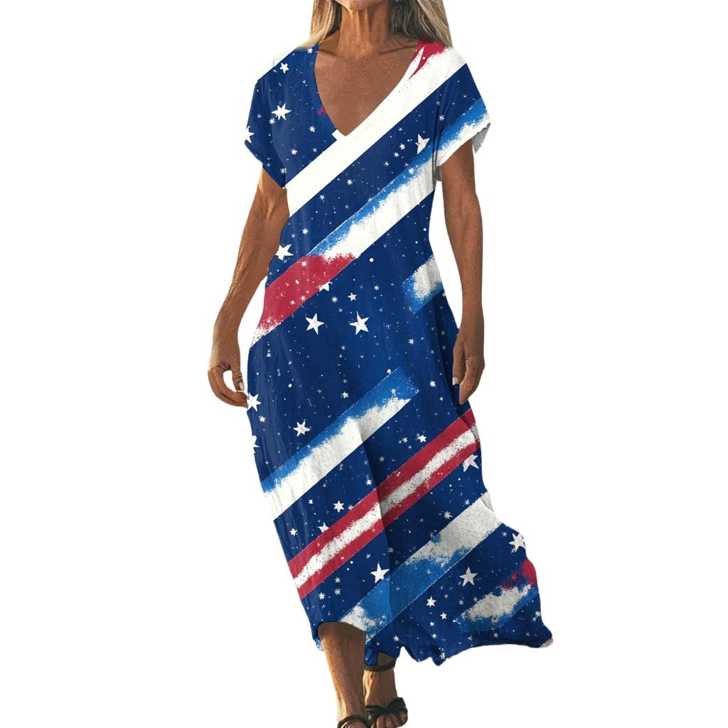 Women’s V Neck Short Sleeve Maxi Dress with Gradient Stripes and Star Print Loose Fit Summer Casual Style