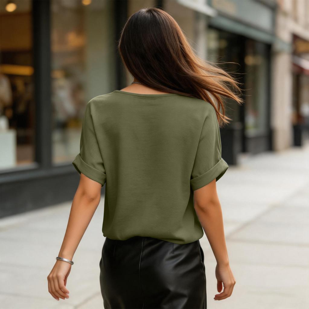 Women V Neck Short Sleeve Loose Fit T Shirt Casual Basic Lightweight Blouse with Rolled Cuffs for Daily Wear Work Travel