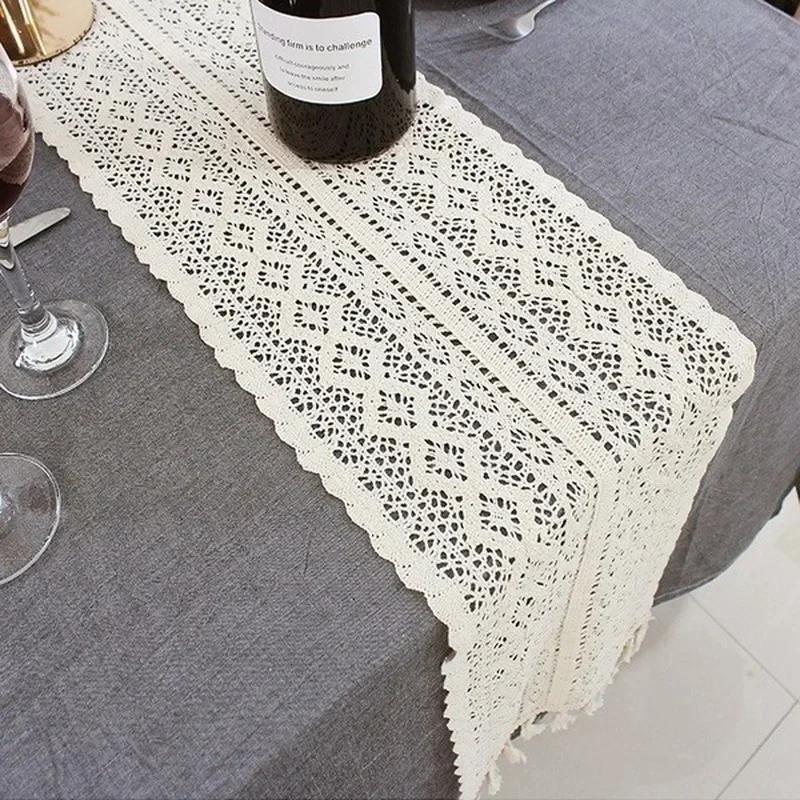 Nordic Crochet Lace Table Runner With Tassel Hollow Tablecloth Romance Wedding Party Table Protector Cover Table Cloth