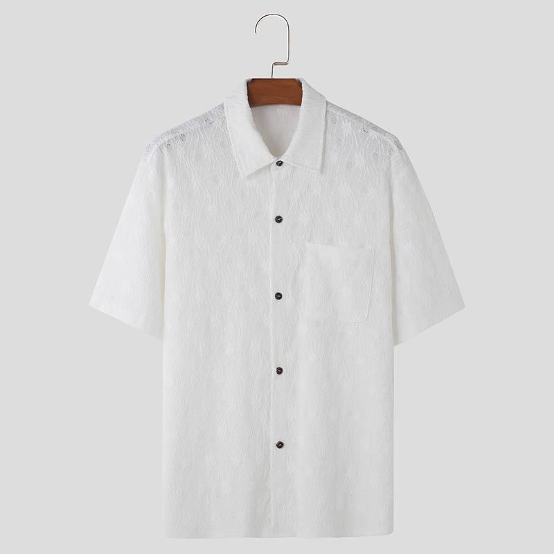 

INCERUN Мужские цветочные короткие рукава прозрачные топы летние лацканы воротник пуговицы текстурные рубашки M белый