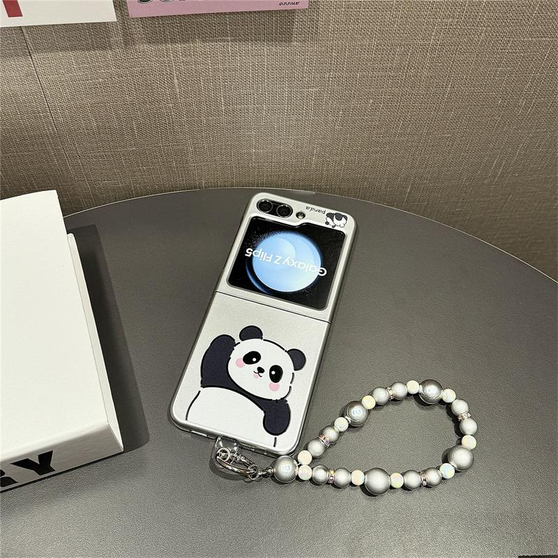 For Samsung Galaxy Z Flip 6 5 4 3 Case Z Flip6 ZFlip6 Cartoon Panda Bracelet Electroplated Silver Shockproof Back Cover