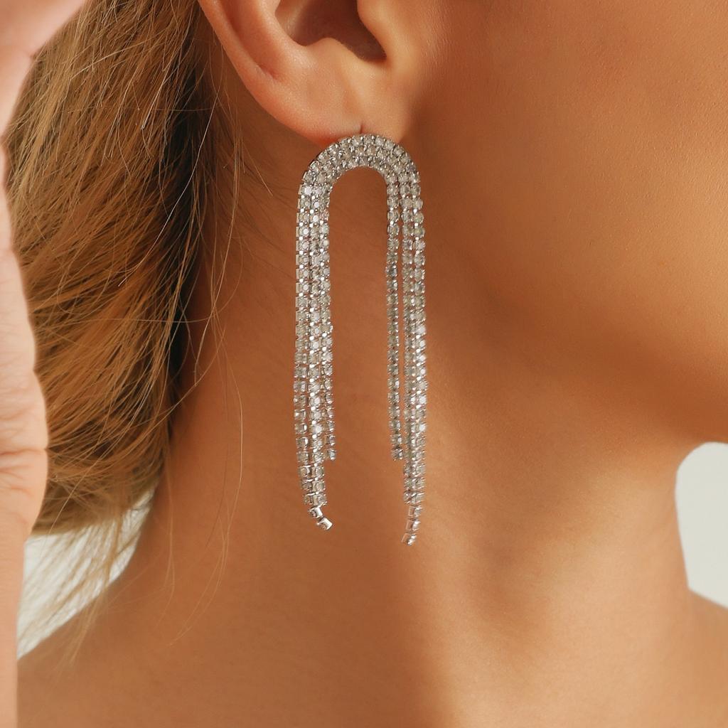 European and American Long Temperament Earrings, Simple and Versatile Exaggerated Rhinestone Tassel Earrings, Sexy Nightclub Earrings