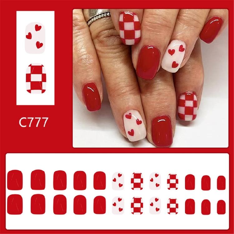 24 Pcs Valentines Day Stick on Nail Heart Full Cover False Nail Glossy Press On Nail with Plaids Manicures Supplies