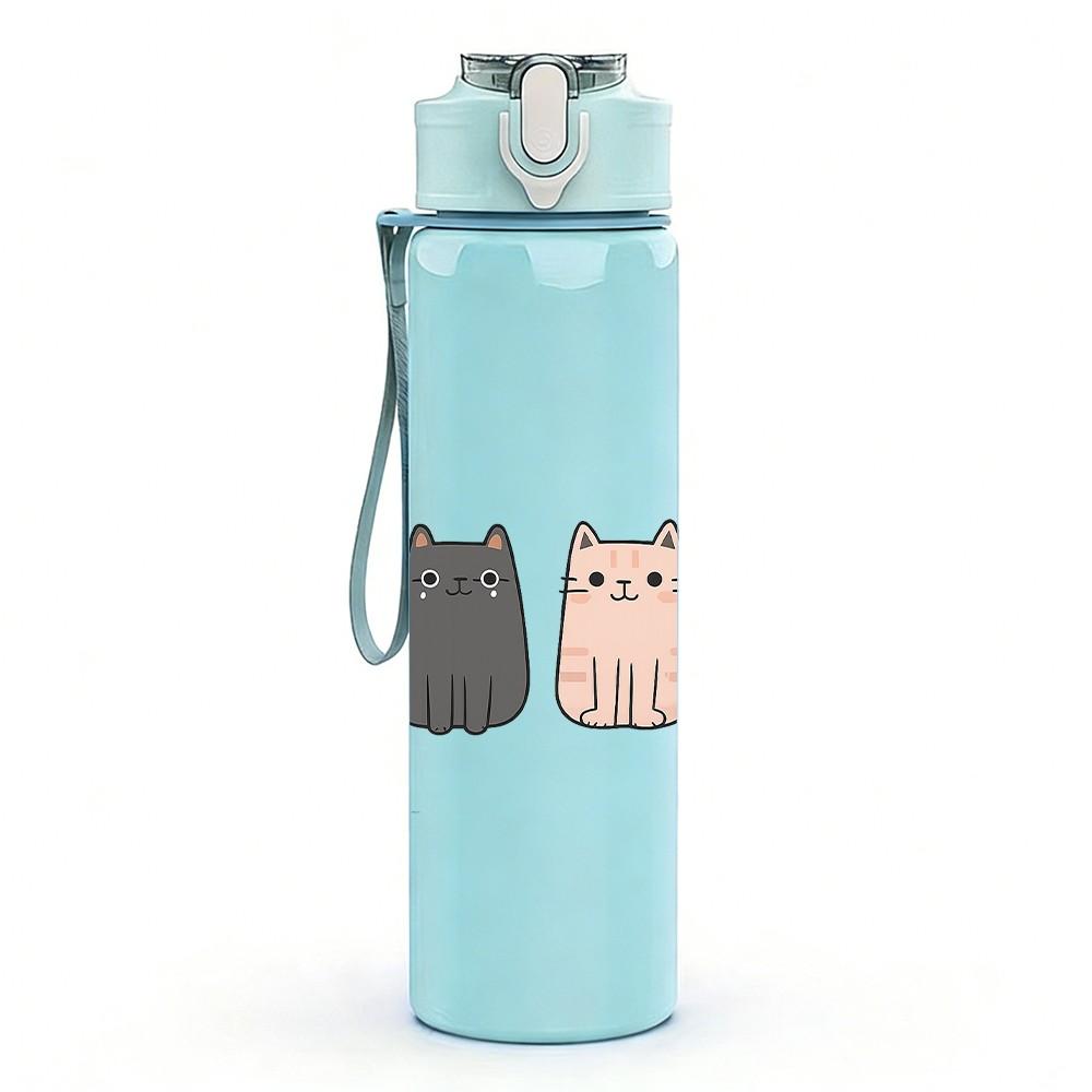 1PC Three Minimal Cat Faces 750ml Color Plastic Sports Water Bottle Leakproof Flip Straw Lid Suitable for Sports Office Home Use