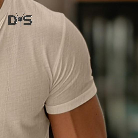 Męski T-shirt z kołnierzykiem henley z krótkim rękawem w jednolitym kolorze, letni, bawełniana mieszanka, casualowy top do noszenia na co dzień, na plażę, w podróży