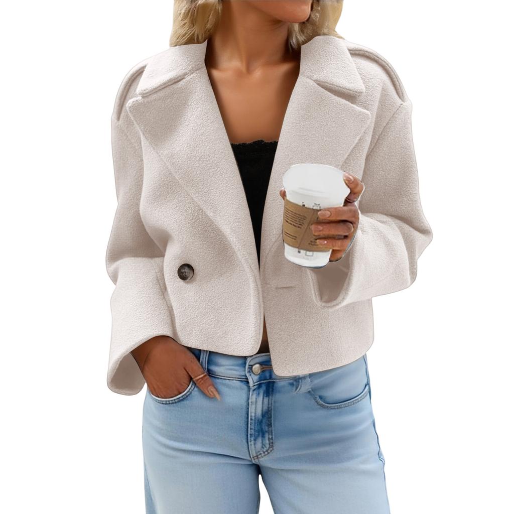 Women's Fashionable, Elegant, -color, Long-sleeved, Short Woolen Coat With A Turned-up Collar