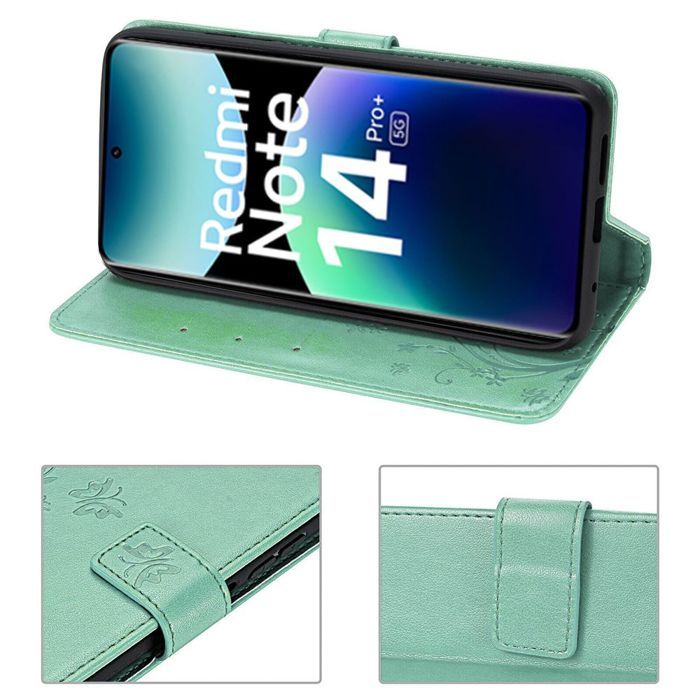 Coque pour Xiaomi Redmi Note 14 Pro Plus 5G/Note 14 Pro+ 5G, Protection Rabat Synthécuir Vert Motif Papillon Fleur