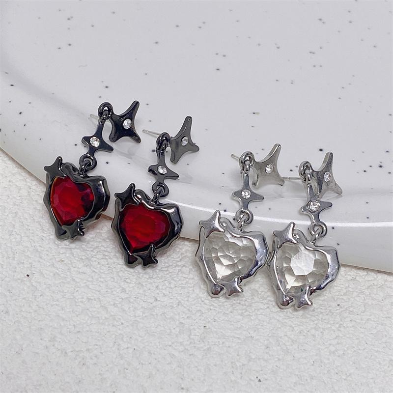 Sweet Cool Dark Red Hao Shi Heart-shaped Earrings Four Pointed Star Peach Heart Earrings Diamond Studded Pleated Earrings