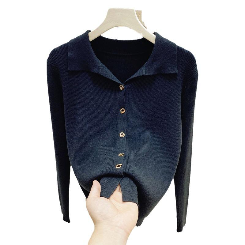Women's Knit Lapel Collar Cardigan Sweater - Long Sleeve Polo Neck Base Layer Top for Autumn/Winter