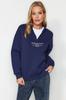 Women's Fashionable Stylish Sweatshirt Stone Thick Inside Fleece Zippered High Collar Oversize Wide Fit Knitted Sweatshirt