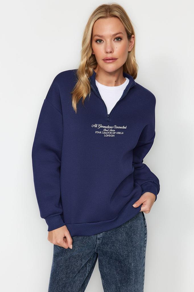 Women's Fashionable Stylish Sweatshirt Stone Thick Inside Fleece Zippered High Collar Oversize Wide Fit Knitted Sweatshirt
