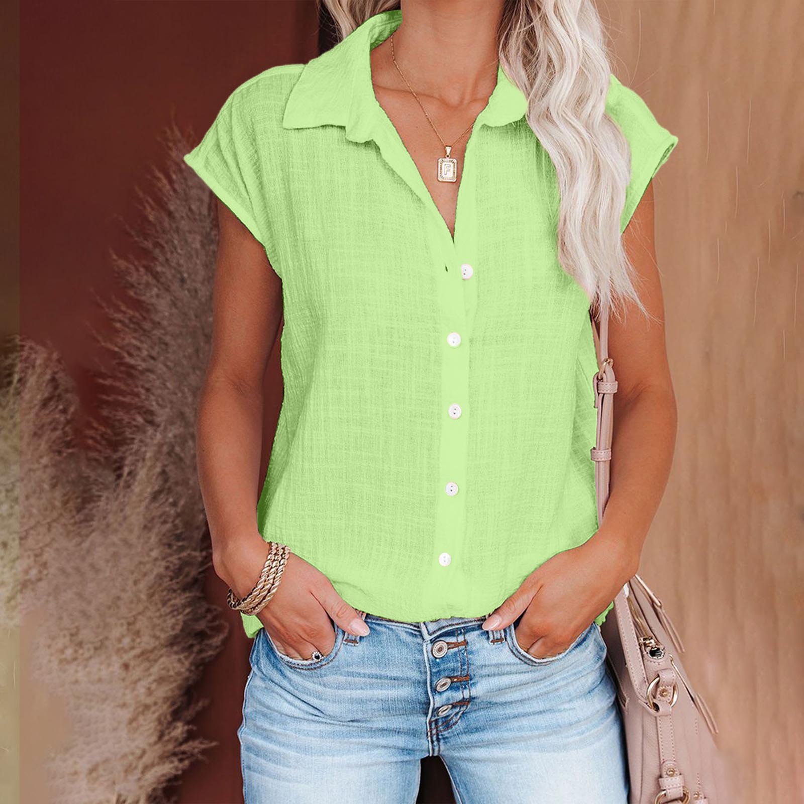 Women s Casual Fashion Short Sleeve Color Single Breasted Shirt Top L