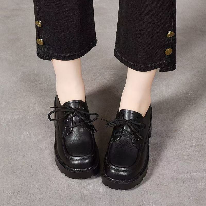 British Style Platform Lace-up Small Leather Shoes Women's Autumn New Fashion Heightening Single Shoes Non-slip and Wear-resistant Versatile Low-top S