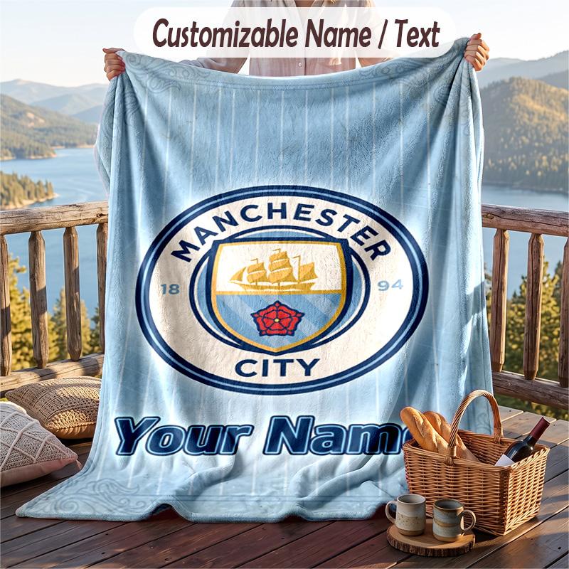 Flannel Blanket Manchester City Print Custom Name Text Soft Throw for Sofa Bed