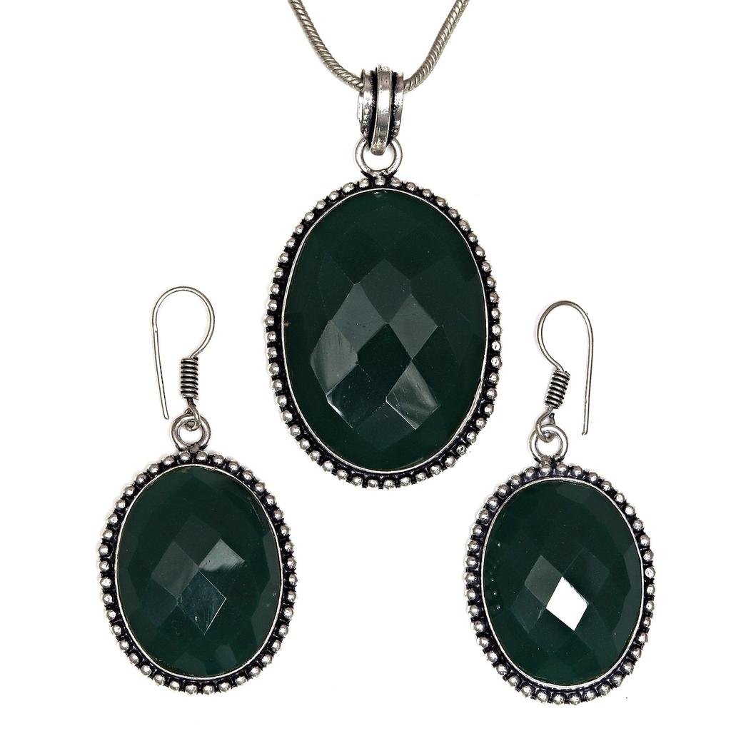 Onyx Green Pendant Set Earrings Jewelry Gemstone Handmade Ethnic